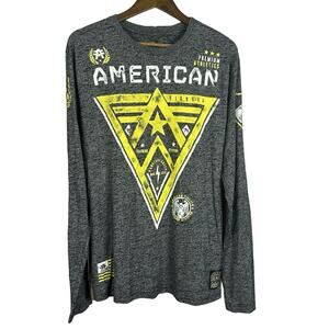 American Fighter Tee Mens Large Gray All Over Graphic Grunge Biker Crew Shirt